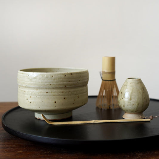 Pottery matcha bowl with bamboo whisk scoop set