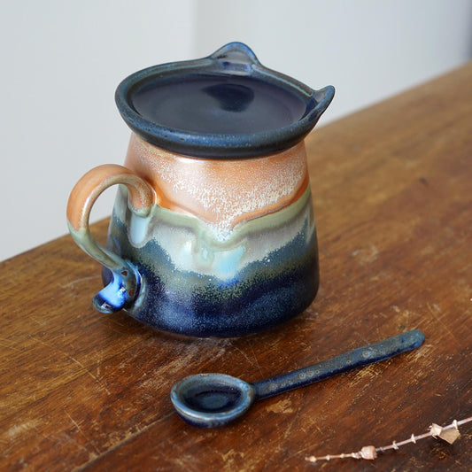 Ceramic Mug with Cat Ear Lid and Spoon