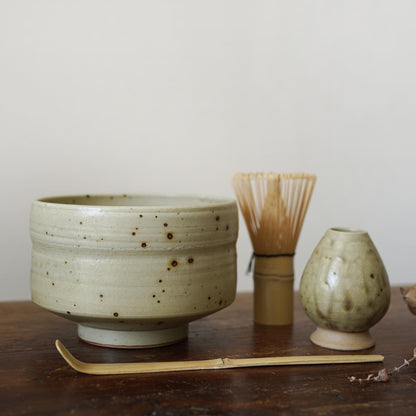 Pottery matcha bowl with bamboo whisk scoop set
