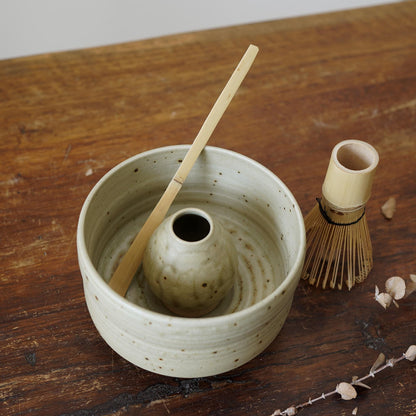 Pottery matcha bowl with bamboo whisk scoop set