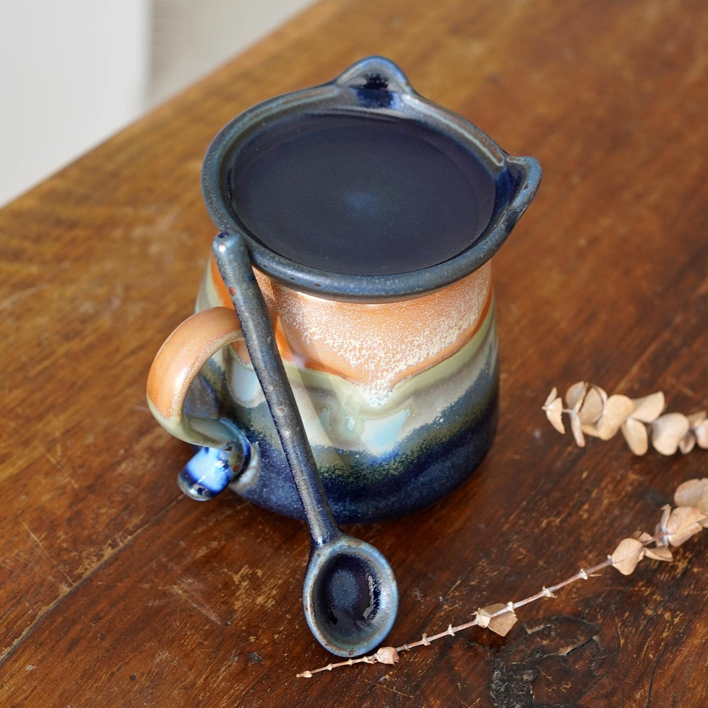 Ceramic Mug with Cat Ear Lid and Spoon