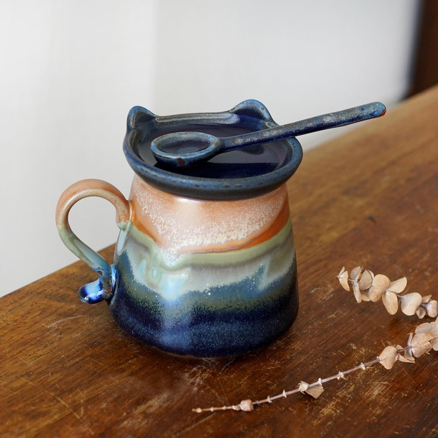 Ceramic Mug with Cat Ear Lid and Spoon