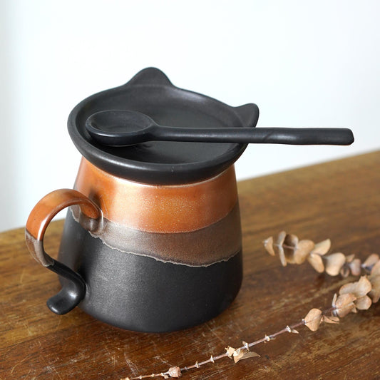 Ceramic Cat Mug with Ear Lid & Spoon