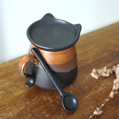 Ceramic Cat Mug with Ear Lid & Spoon