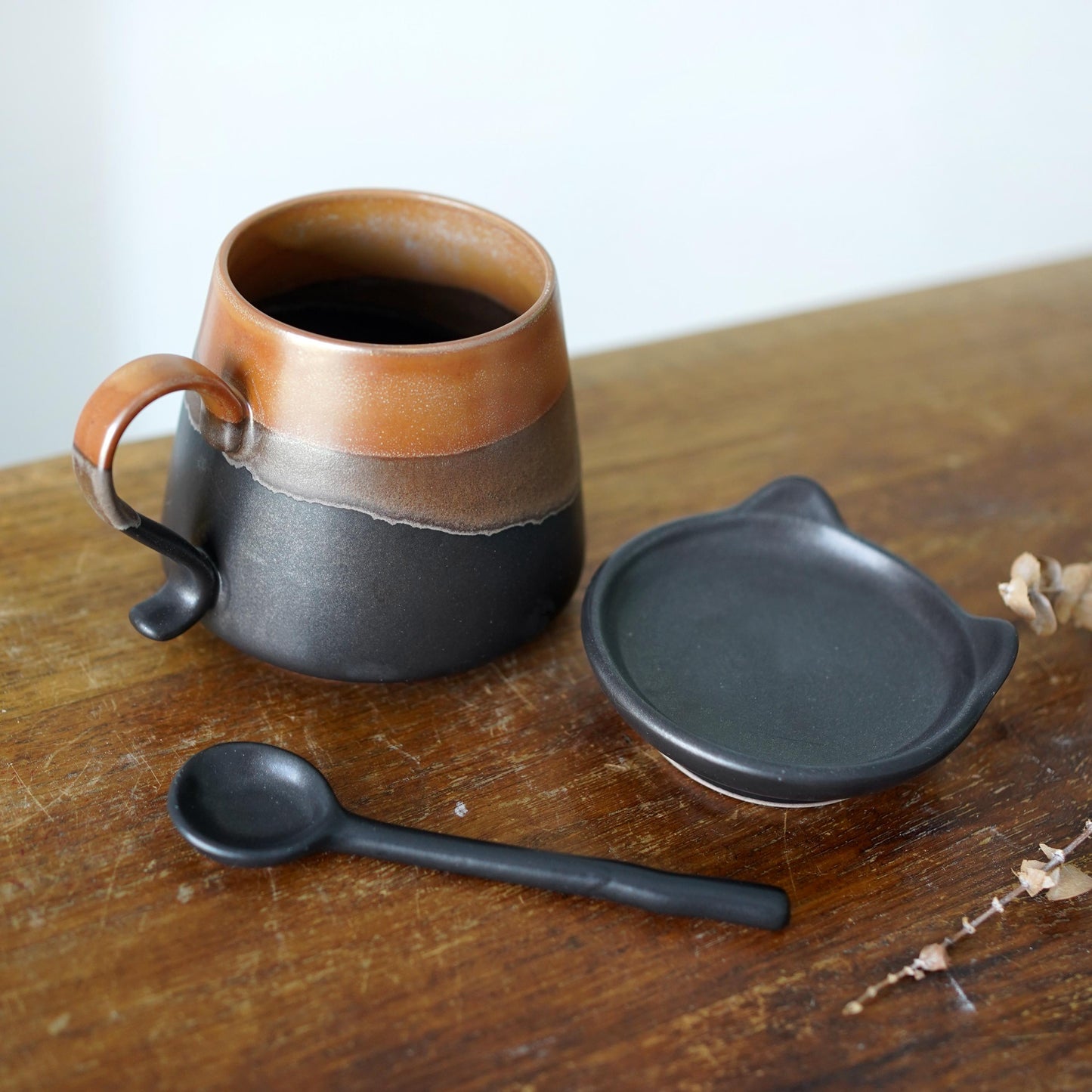 Ceramic Cat Mug with Ear Lid & Spoon