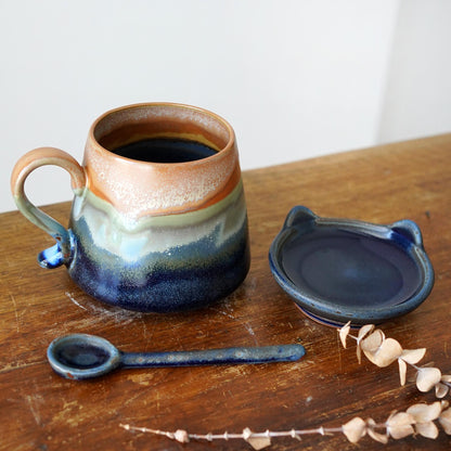 Ceramic Mug with Cat Ear Lid and Spoon